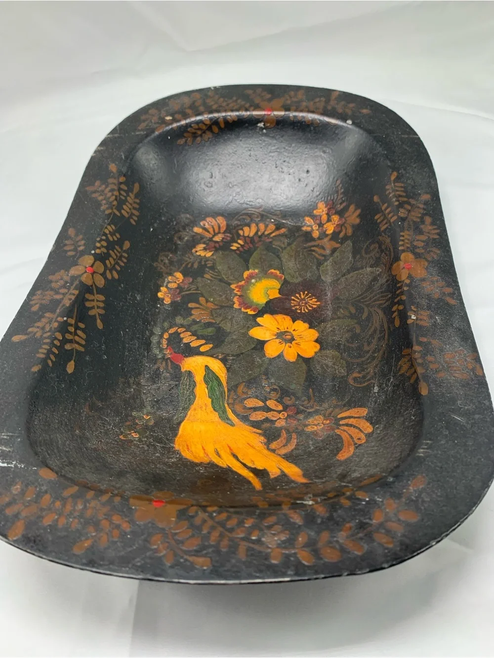 Hand-Painted Floral Black Decorative metal Tray with Yellow Accents